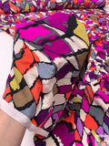 Abstract Mosaic Matte-Side Printed Silk Charmeuse - Neon Coral / Purples / Dusty Chartreuse / Off-White