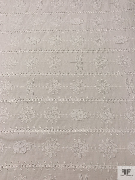 3D Appliquéd Ladybugs and Floral Embroidered Eyelet Heavy Cotton Voile - White