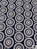 Floral Medallions Embroidered Eyelet Heavy Cotton Voile - Navy / White