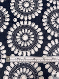 Floral Medallions Embroidered Eyelet Heavy Cotton Voile - Navy / White