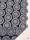 Floral Medallions Embroidered Eyelet Heavy Cotton Voile - Navy / White