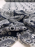 Floral Medallions Embroidered Eyelet Heavy Cotton Voile - Navy / White
