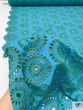 Floral Medallions Embroidered Eyelet Heavy Cotton Voile - Turquoise / Green