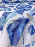Italian Bold Hazy Floral Warp Printed Polyester Taffeta - Blues / White