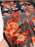 Italian Romantic Floral and Geometric Printed Viscose Challis - Coral-Orange / Black / Smokey Taupe / Grey