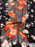 Italian Romantic Floral and Geometric Printed Viscose Challis - Coral-Orange / Black / Smokey Taupe / Grey