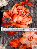 Italian Romantic Floral and Geometric Printed Viscose Challis - Coral-Orange / Black / Smokey Taupe / Grey