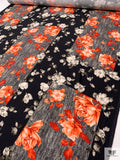 Italian Romantic Floral and Geometric Printed Viscose Challis - Coral-Orange / Black / Smokey Taupe / Grey