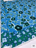 Hazy Floral and Border Printed Viscose Crepon - Deep Sky Blue / Greens / Off-White
