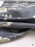 Italian Glen Plaid Floral Stretch Printed Cotton Twill - Moss Green / Midnight Navy / Off-White