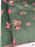 Italian Gingham Floral Fil Coupé Silk Gazar with Lurex Detailing - Cool Forest Green / Black / Pink