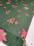 Italian Gingham Floral Fil Coupé Silk Gazar with Lurex Detailing - Cool Forest Green / Black / Pink
