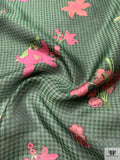 Italian Gingham Floral Fil Coupé Silk Gazar with Lurex Detailing - Cool Forest Green / Black / Pink