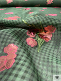 Italian Gingham Floral Fil Coupé Silk Gazar with Lurex Detailing - Cool Forest Green / Black / Pink