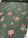 Italian Gingham Floral Fil Coupé Silk Gazar with Lurex Detailing - Cool Forest Green / Black / Pink