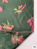 Italian Gingham Floral Fil Coupé Silk Gazar with Lurex Detailing - Cool Forest Green / Black / Pink
