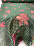 Italian Gingham Floral Fil Coupé Silk Gazar with Lurex Detailing - Cool Forest Green / Black / Pink
