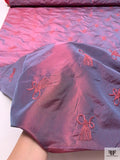 Tassles Embroidered Yarn-Dyed Iridescent Silk Taffeta - Rouge Pink / Ocean Teal Blue