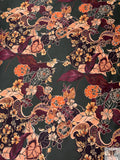 Exotic Paisley Floral Printed Silk-Cotton Mikado - Deep Hunter Green / Smoky Peach / Wine Purple