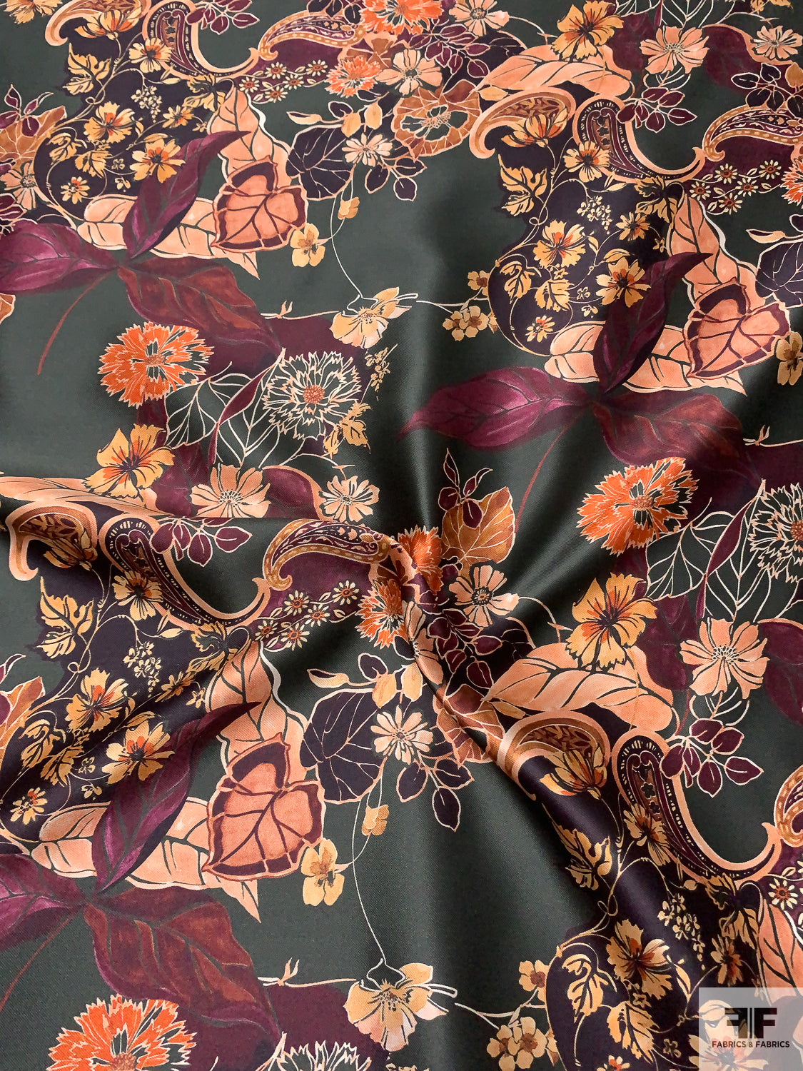 floral silk fabric for dresses Exotic Paisley Floral Printed Silk-Cotton Mikado - Deep Hunter Green/Smoky Peach/Wine Purple