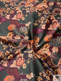 Exotic Paisley Floral Printed Silk-Cotton Mikado - Deep Hunter Green / Smoky Peach / Wine Purple