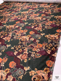 Exotic Paisley Floral Printed Silk-Cotton Mikado - Deep Hunter Green / Smoky Peach / Wine Purple