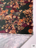 Exotic Paisley Floral Printed Silk-Cotton Mikado - Deep Hunter Green / Smoky Peach / Wine Purple