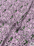 Birds and Ditsy Leaf Matte-Side Printed Silk Charmeuse - Light Lilac / Green / White / Black