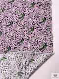 Birds and Ditsy Leaf Matte-Side Printed Silk Charmeuse - Light Lilac / Green / White / Black