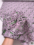 Birds and Ditsy Leaf Matte-Side Printed Silk Charmeuse - Light Lilac / Green / White / Black