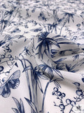 Butterflies and Stems Matte-Side Printed Silk Charmeuse - Navy Blue / Off-White