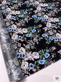 Floral Matte-Side Printed Silk Charmeuse - Periwinkle / Blue / Greens / Black / White