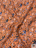 Birds and Ditsy Leaf Matte-Side Printed Silk Charmeuse - Orange / Blue / Navy
