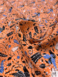 Birds and Ditsy Leaf Matte-Side Printed Silk Charmeuse - Orange / Blue / Navy