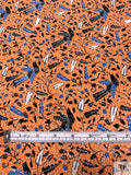 Birds and Ditsy Leaf Matte-Side Printed Silk Charmeuse - Orange / Blue / Navy