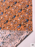 Birds and Ditsy Leaf Matte-Side Printed Silk Charmeuse - Orange / Blue / Navy