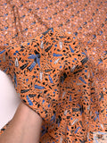 Birds and Ditsy Leaf Matte-Side Printed Silk Charmeuse - Orange / Blue / Navy