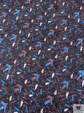 Birds and Dotted Printed Lightweight Silk Charmeuse - Purple Plum / Ocean Blue / Black / White