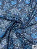 Tropical Floral Birds and Butterflies Printed Cotton Voile - Navy / Teal Blue / White