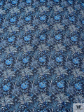 Tropical Floral Birds and Butterflies Printed Cotton Voile - Navy / Teal Blue / White