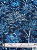 Tropical Floral Birds and Butterflies Printed Cotton Voile - Navy / Teal Blue / White
