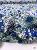 Floral Vines and Birds Printed Cotton Voile - Blue / White / Seafoam