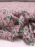 Floral Discs and Paisley Leaf Printed Cotton Voile - Hot Pink / Dark Green / White