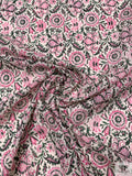 Floral Discs and Paisley Leaf Printed Cotton Voile - Hot Pink / Dark Green / White