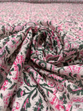 Floral Discs and Paisley Leaf Printed Cotton Voile - Hot Pink / Dark Green / White