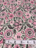 Floral Discs and Paisley Leaf Printed Cotton Voile - Hot Pink / Dark Green / White