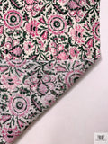 Floral Discs and Paisley Leaf Printed Cotton Voile - Hot Pink / Dark Green / White