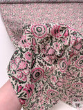 Floral Discs and Paisley Leaf Printed Cotton Voile - Hot Pink / Dark Green / White