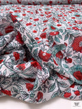 Floral Vines and Birds Printed Cotton Voile - Red / Seafoam / White