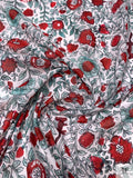 Floral Vines and Birds Printed Cotton Voile - Red / Seafoam / White